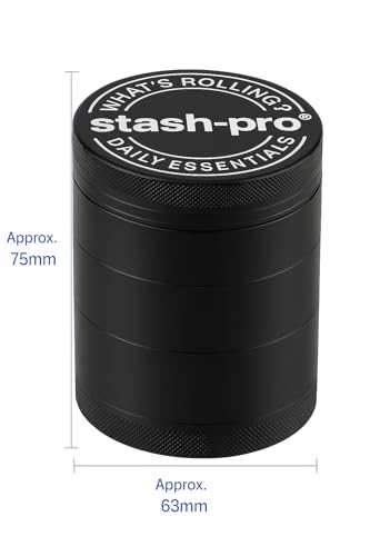Image of Stash-Pro Premium 63mm Herb Grinder for Dry Herbs & Spices - 4-Piece Aluminum Crusher with Pollen Catcher, Unique Blade Design, Storage Chamber & Mesh Filter - Sleek Black Finish