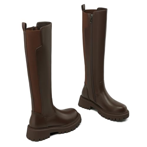 Women's Knee High Boots Fashion Platform Lug Sole Tall Riding Boots Comfortable Stretch Calf Dress Long Boots Brown 143