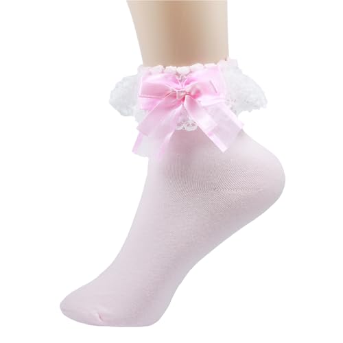 Image of Ruffle Frilly Lace Socks for Women - Lace Ankle Socks with Bow - Cute Lolita Socks Regular (US, Numeric, 5, 9, Regular, Regular, 1 Pair Pink)