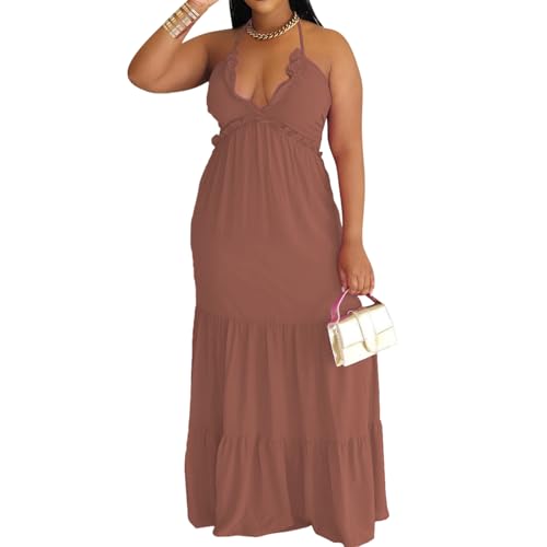 Image of TOPSRANI Womens Sleeveless Maxi Dress Halter Casual Backless Smocked Tiered Ruffle Flowy Sexy Slip Sling Strap Dresses