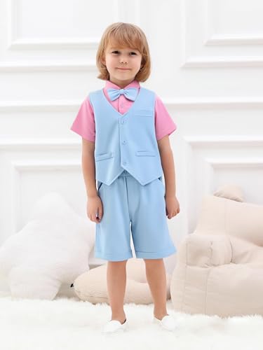 Image of A&J DESIGN Toddler Easter Outfit Boy Wedding Pink Summer Formal Gentleman Dress Suit Shorts Set Suspender with Vest and Bow Tie Blue 12-18 Months