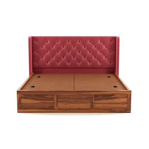 Image of Solid Sheesham Wood Queen Size Bed with Storage | Wooden Double Bed Cot Bed with Box Storage & Velvet Upholstered Cushioned Headboard for Bedroom (Honey A, Queen)