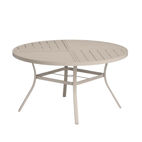 Image of VICLLAX Round Patio Table with Adjustable Umbrella Hole for 8, All Weather Metal Outdoor Dining Table for Lawn Garden, 53.1 inch Outdoor Coffee Table, Cream Color Frame