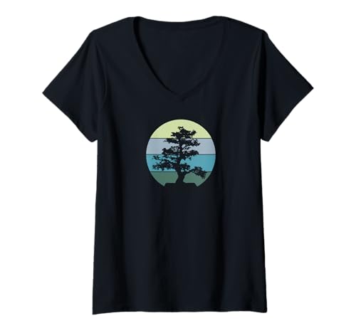 Femme Pacific Ocean Beach Bonsai Tree Sun T-shirt rétro vintage T-Shirt avec Col en V