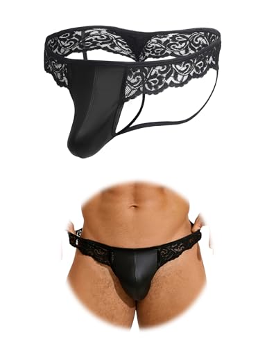sunshinelady Herren String PU Tanga Männer Unterwäsche Mit Spitze Sexy Slip Für Männer Elastische Unterhosen Große Größen Low Rise Thong Höschen G String Mit Bulge Jockstrap Men Underwear Schwarz S