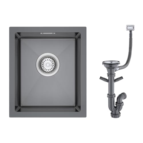 KINKIBOS Évier de cuisine 304 en acier inoxydable 35 x 40 cm, évier sous plan de travail petit, évier en acier inoxydable noir gris avec trop-plein (sans...