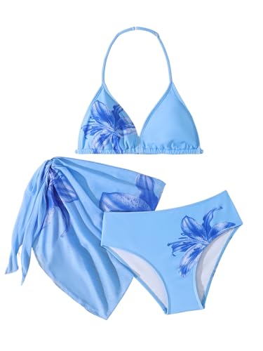 Image of SEGT Girl's 3 Piece Striped Bikini Swimwear Cute Swimsuits Bathing Suit High Waisted with Cover Up Beach Skirt