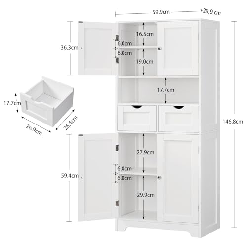 Miniatura 2 de Teenfon Armario De Baño Con 2 Cajones Y 4 Puertas, Mueble Baño Doble Cajón, Gran Capacidad Almacenaje Y Organización, 30 X 60 X 147 Cm, Blanco