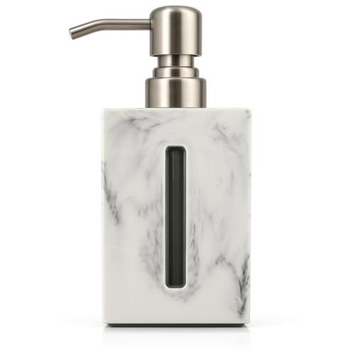 White Hand Soap Dispenser 500ml with Marble Finish and Level Indicator – Soap Dispenser Bathroom & Kitchen, Premium Resin Hand Wash Dispenser with Stainless-Steel Pump