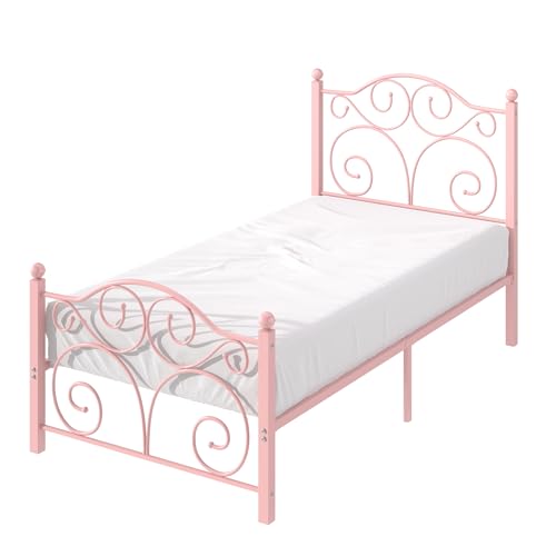 Image of VECELO Twin Size Bed Frame with Headboard and Footboard, Heavy Duty Metal Slat Support, Platform Mattress Foundation, No Box Spring Needed, Easy Assembly, Light Pink