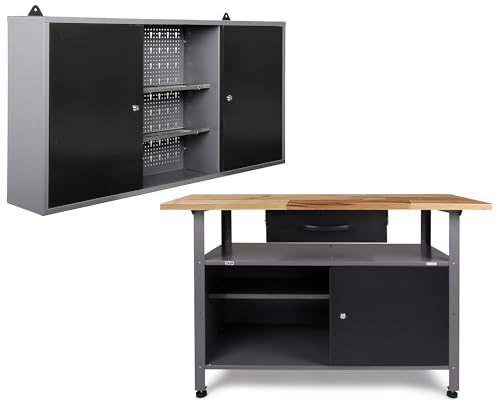 Ondis24 Werkstatteinrichtung, Werkstatt mit Werkbank 120 cm, mit höhenverstellbaren Füßen,passender Werkzeugschrank 120 cm breit, mit 2 Ablagen, abschließbare Türen