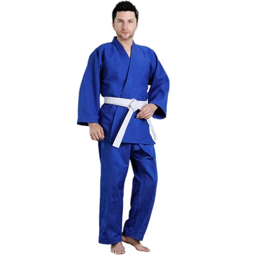 FAD-4U Uniforme de judo para adultos 100 % algodón, parte superior e inferior con cinturón de cintura, color blanco y azul, 100%, 160 cm