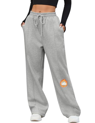 CMTOP Pantalones Chándal Mujer Invierno Pantalon Jogging Térmicos con Forro Polar Pantalones Deportivos Jogger Pierna Ancha con Bolsillos para Correr Fitness