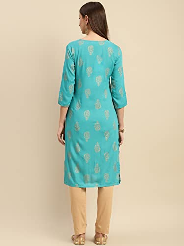 Image of rangita Turquoise Rayon Calf Length Printed Straight Kurti for Women | Kurta for Women