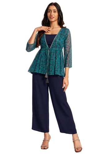 Image of Janasya Women's Solid Shoulder Strap Crop Top with Trouser & Chiffon Floral Printed Shrug