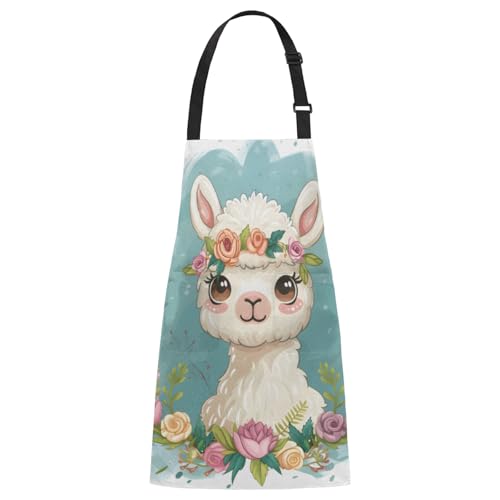 Garlanded Alpaca Chef Apron with Pockets Adjustable Shoulder Strap Waterproof Cooking Apron for Kitchen Baking Gardening Pottery Painting