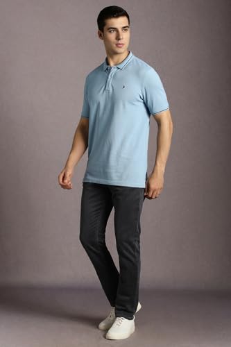 Image of Louis Philippe Men's Slim Fit Single-Tuck Pique Stylized Sleeve Print and Contrast Tipping Half Sleeve Solid Cotton Polo Tshirt
