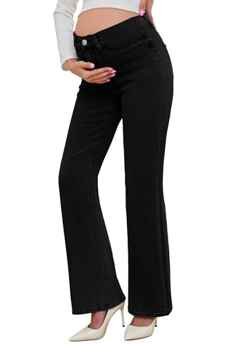 Image of PACBREEZE Women's Maternity Flare Jeans Mid-Rise Stretchy Bell Bootcut Jeans Denim Pregnancy Pants, S-XXL