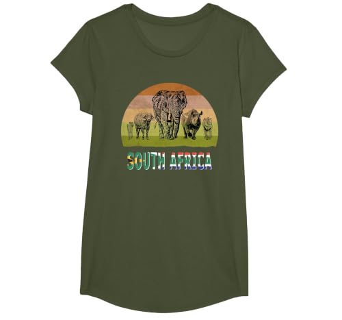Big Five Retro Sunset Design for South Africa Safari T-Shirt, Girls, Olive Green, X-Small
