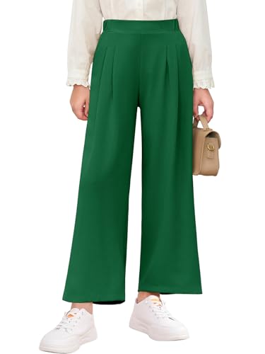 Haloumoning Girls High Waisted Uniform Pants Kids Wide Leg Dress Pants Casual Trousers with Pockets 5-14 Years