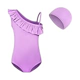 Traje de baño de un hombro para niña con detalle de volantes y gorro de...