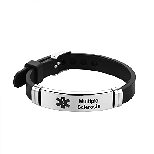LuxglitterLin Medical Alert ID Bracelet Laser Engraved Multiple Sclerosis Adjustable Wristband for Men Women Emergency First Aid 9 inches, Black, BR_XM_si_medical_MUL