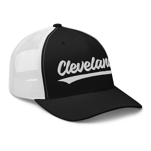 Vintage Cleveland Script Mesh Retro Cleveland Trucker Hat Cap Black/White