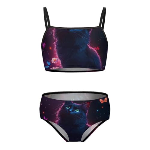 Black Cat Daisy Butterflies Girls Swimsuits Two Piece Bikini Sets Beach Sport Swimwear Bathing Suit