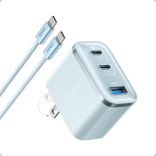 Anker Nano USB C Charger Ultra-Fast 70W Output 3-Port Fast Charger USB C Type C Charger Fast Charging Compact and Stylish for iPhone 17/16 Series MacBook iPad and More(Blue Cable Included)