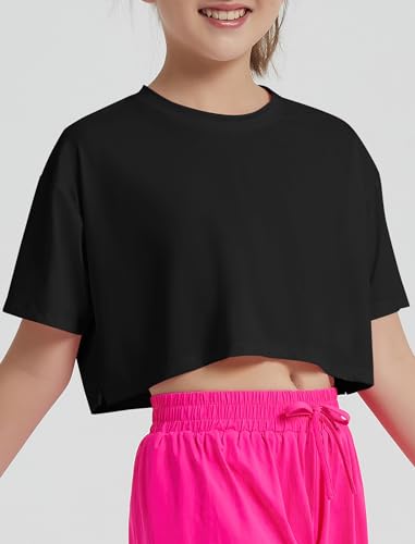 Image of EXARUS Girls Athletic Shirts Quick Dry Workout Split Back Crop Tops 6-14Y | Tween Athletic Sports Soccer Activewear Gym Running Dri Fit Teen Tennis Performance Hiking Short Sleeve Tees Kids 6-14Y