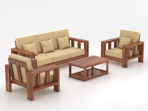 Image of Sheesham Wooden 5 Seater Sofa Set for Living Room | Solid Wood Sofa | Rosewood Sofa Set for Home & Office | Lounge (Natural, 3+1+1 Seater)
