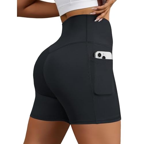 Biker Shorts for Women, High Waisted Yoga Workout Tummy Control Spandex Compression Gym Running Shorts with Pockets Small Dark Grey