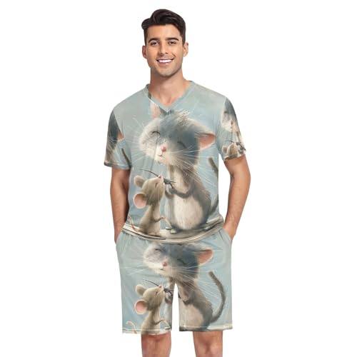 Mens Pajama Sets Short Sleeve Sleepwear with Pockets Loungewear Sets Pj Sleep Sets, S-XXL