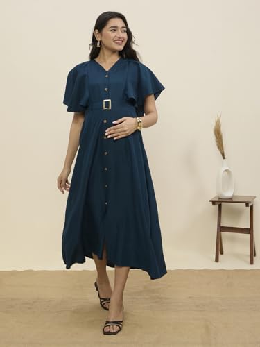 Image of MomToBe Women's Cotton Maternity Dress | Nursing Feeding Dress with Concealed 14-Inch Side Zippers | Office Wear for Pregnancy & Postpartum