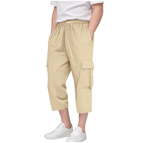 Baggy Cargo Pants for Boys Straight Elastic Waisted Cropped Pants，Casual School Streetwear Daily Wear Trousers