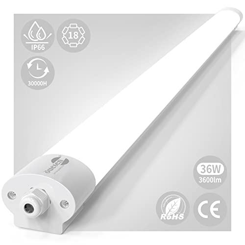 Neon LED 120cm, Reglette LED 120cm 36W 3600LM, Eclairage Atelier Garage LED Lampe Puissant, Tube Led Etanche IP66 Plafonnier Led Garage Lampe Blanc Froid 5000K Cover