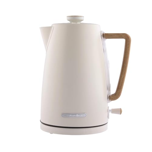 Hamilton Beach Electric Kettle, Scandi 1.7L, Boil Dry Protection, Auto Shut Off, Water Level Window, Stay Cool Handle, Ergonomic Grip, Matte Cream with Wood Effect - HBK01MC