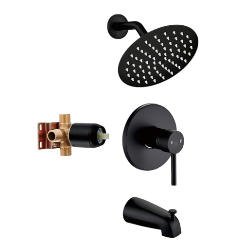 Black Tub Shower Faucet Set Complete with 6-Inch Rainfall Shower Head and Tub Spout Included Shower Valve Tub Shower Trim Kit Round Matte Black