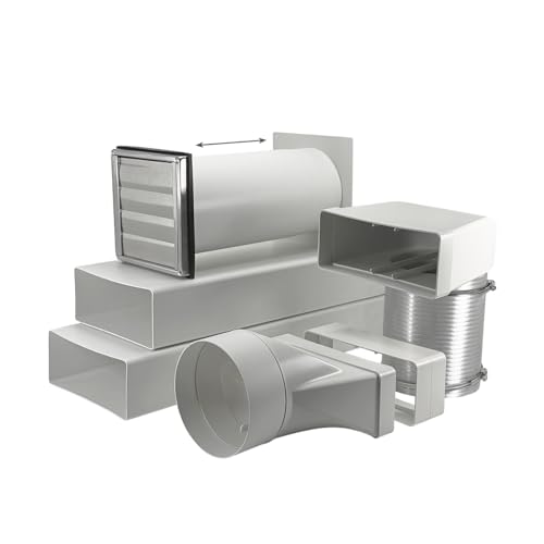 EASYTEC Montagefertiges Mauerkasten-Set | DN Ø 150 mm Edelstahl-Jalousie mit Teleskoprohr und zweiter Rückstauklappe | 2 m Flachkanal 220 x 90 mm mit Verbinder Umlenkbogen Übergangsstück | MK-SET1