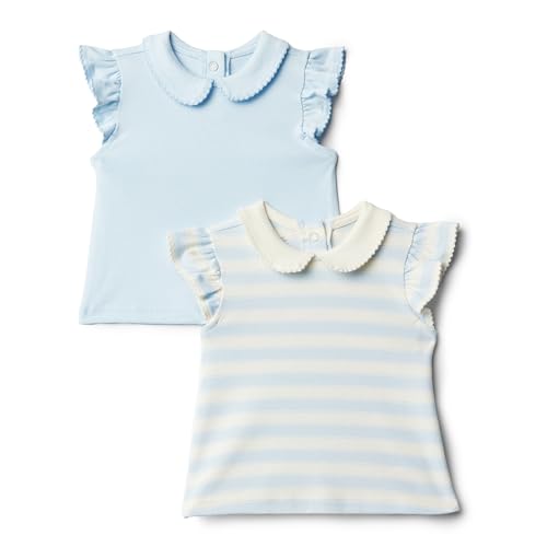 Amazon Essentials x Sofia Grainge Baby Girls' Short Sleeve Blouse, Pack of 2, Light Blue/Stripe, 18 Months