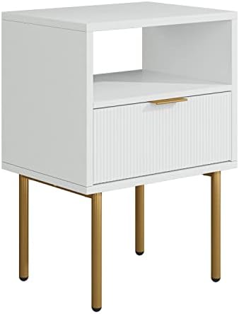 Masupu Nightstand,Mid-Century Modern Bedside Table with Storage Drawer and Open Wood Shelf,Small Gold Frame Side Table for Bedroom,Living Room,White