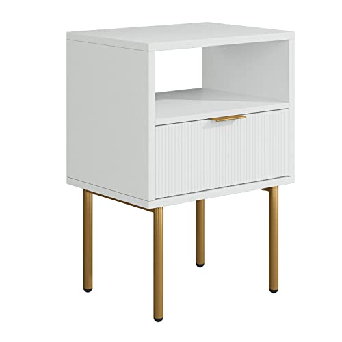Masupu Nightstand,Mid-Century Modern Bedside Table With Storage Drawer And Open Wood Shelf,Small Gold Frame Side Table For Bedroom,Living Room,White #TOP14