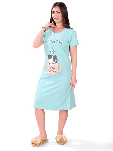 Image of Printed Knee Length Pocket Night Dresses for Women | Cat Lovers | Premium Soft Cotton Nighty | Sky Blue