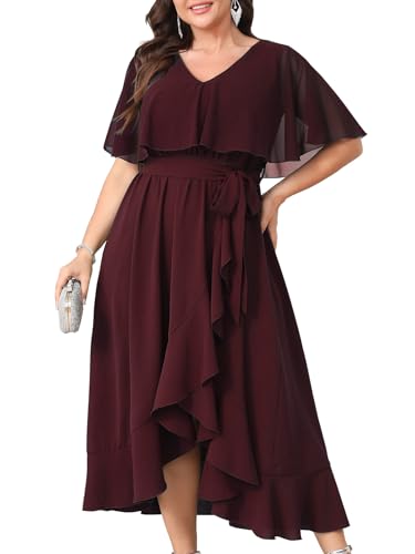 Image of Women Plus Size Long Formal Dress Short Sleeve Chiffon Ruffle V Neck High Low Split Wedding Guest Maxi Dresses