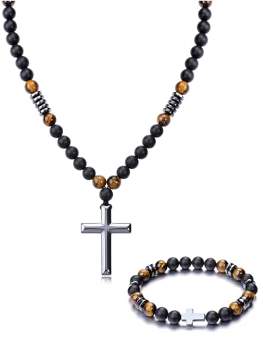 Jovivi 8mm Black Onyx Hematite and Tiger Eye Beaded Necklace with Cross Bracelet Set Triple Protection Religious Jewelry for Anxiety Relief