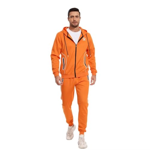 R RAMBLER 1985 fashion sweatsuit set mens tracksuit hoodie outfits Active full zip track jogging suit with pockets sports outwear running (Orange,L)