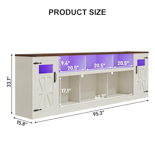 Image of chartustriable Farmhouse TV Stand for 100 Inch TV,95 inch Entertainment Center w /LED Light,Large Media Console Cabinet w /Rustic Barn Doors,Power Outlets,Adjustable Shelves for Living Room,White