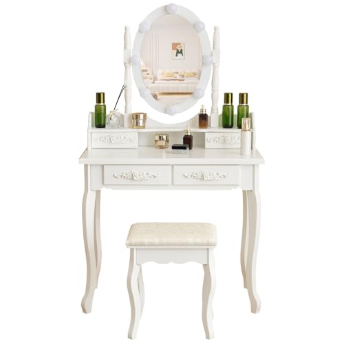 ドレッサー 化粧台 テーブル 鏡台 コンセント付き ライト付き 3色LED 女優ミラー 引き出し 収納 椅子 セット サイド収納 メイク台 シンプル 大容量 (タイプA)