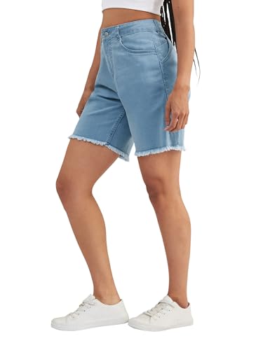 Image of Dolce Crudo Women's Relaxed Fit Mid-Rise Denim Shorts with Adjustable Waist & Frayed Hem