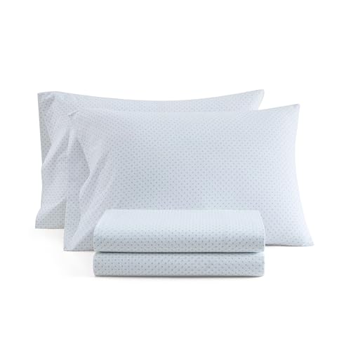 Image of Martha Stewart - Twin XL Size Sheet Set, Breathable Cotton Percale Bedding with Matching Pillowcase, Fully Elastic Fitted Sheet, Deep Pocket, Crisp & Cooling All-Season Comfort (Polka Dot Blue)